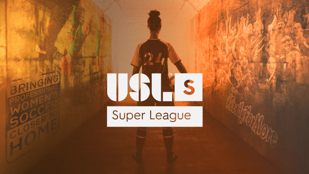 Woman soccer player standing in stadium tunnel with Super League logo.